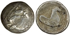 CELTIC CENTRAL EUROPE: Anonymous, ca. 2nd century BC, AR tetradrachm (14.01g), CCCBM-1,50, debased head of Zeus // stylized rider on horse, F-VF.

 ...