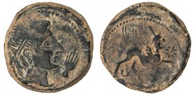 SPAIN: Castulo: Anonymous, 2nd century BC, AE 27 (15.09g), Burgos-543, male head right; hand in front of face // Sphinx right, star above raised forel...