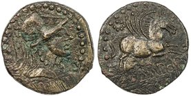 SPAIN: Emporiae: Anonymous, 50-27 BC, AE 26 (9.79g), RPC-257; Burgos-966, helmeted head of Athena right // EMPOR below Pegasus flying right, counterma...