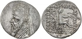 PARTHIAN KINGDOM: Mithradates II, c. 123-88 BC, AR drachm (4.12g), Shore-94, wearing tiara, 1st type, with 8-point star in center // 5-line legend, ch...