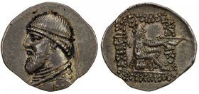 PARTHIAN KINGDOM: Mithradates II, c. 123-88 BC, AR drachm (3.74g), Ecbatana, Sellwood-26, bearded bust left wearing diadem, griffin-ended torque; circ...