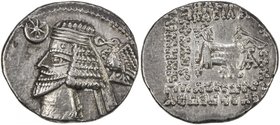 PARTHIAN KINGDOM: Phraates IV, c. 38-2 BC, AR drachm (3.30g), Ekbatana, Shore-297, star & crescent left and eagle right of king's head, with wart, cho...