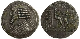 PARTHIAN KINGDOM: Phraates IV, c. 38-2 BC, AR tetradrachm (14.68g), Seleucia, Sellwood-51, bare-headed bust left with pointed beard, royal wart on bro...