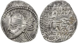 PARTHIAN KINGDOM: Vologases II, AD 77-80, AR drachm (3.59g), Shore-388, hook within tiara, and more hooks atop the tiara, EF.

 Estimate: USD 100 - ...