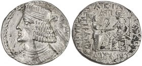 PARTHIAN KINGDOM: Pakoros II, AD 78-105, BI tetradrachm (14.38g), Seleukeia, Sel-391 (79/80 AD), Shore-394, bust left, beardless, with letter E behind...