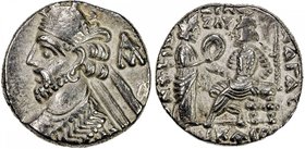 PARTHIAN KINGDOM: Vologases III, AD 105-147, BI tetradrachm (14.02g), Seleukeia, Sel-437 (125/26 AD), Shore-406, bust left, beardless, Greek letter A ...
