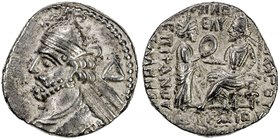 PARTHIAN KINGDOM: Vologases III, AD 105-147, BI tetradrachm (13.82g), Seleukeia, Sel-435 (123/24 AD), Shore-406, bust left, beardless, Greek letter Δ ...
