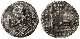 PARTHIAN KINGDOM: Vologases III, AD 105-147, AR tetradrachm (9.12g), Seleukeia, SE 434 (=122/23 AD), Shore-406/11, king's bust, letter B behind // Vol...