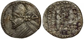 PARTHIAN KINGDOM: Vologases III, AD 105-147, BI tetradrachm (9.52g), Seleucia, Sellwood-79, bust left with short beard; wearing tiara with hooks on cr...