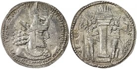 SASANIAN KINGDOM: Shapur I, 241-272, AR drachm (4.57g), G-23, bust of Ardashir right, wearing tall crown with earflap & korymbos // fire-altar & 2 cro...
