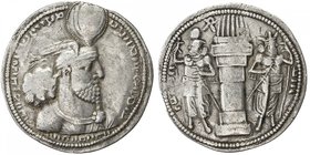 SASANIAN KINGDOM: Varahran II, 276-293, AR drachm (4.12g), G-50, bust of the king only, with winged crown & korymbos // fire altar & two attendants, d...