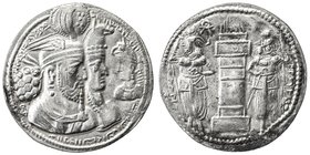SASANIAN KINGDOM: Varahran II, 276-293, AR drachm (3.74g), G-64, busts of the king, queen, and prince, the prince not holding anything // fire altar &...