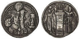 SASANIAN KINGDOM: Varahran II, 276-293, AR drachm (3.74g), G-68, busts of the king, queen, and prince, the prince holding diadem with short ribbons //...