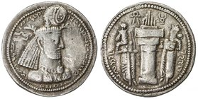 SASANIAN KINGDOM: Narseh, 293-303, AR drachm (4.13g), G-76, first crown, with palm branches, fravahr and taurus symbol flanking fire, VF.

 Estimate...
