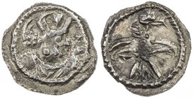 SASANIAN KINGDOM: Shapur II, 309-379, AR obol (0.39g), NM, ND, G-—, SNS—, standard portrait, with thunderbolt to right // bird (eagle?), with its wing...