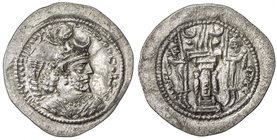 SASANIAN KINGDOM: Yazdigerd I, 399-420, AR drachm (3.96g), AS (the Treasury mint), G-147, 2nd series, crown with korymbos, crescent right, and 2 small...