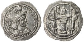 SASANIAN KINGDOM: Yazdigerd I, 399-420, AR drachm (4.81g), AWH (Ahwaz), G-147, 2nd series, crown with korymbos, crescent right, and 2 small ribbons le...