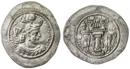 SASANIAN KINGDOM: Yazdigerd I, 399-420, AR drachm (4.52g), BBA (the court mint), G-147, 2nd series, crown with korymbos, crescent right, and 2 small r...
