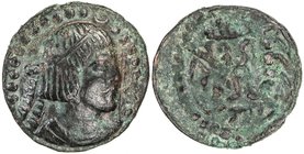 BUKHARA: Asbar, ca. 5th century, AE cash (2.05g), Zeno-21134, diademed bust right // Bukharan tamgha arranged as a fire altar, Sogdian legend on eithe...