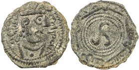 KESH: Ahurpat, ca. 720s-737, AE cash (1.94g), cf. Zeno-131269, Sasanian-style crowned bust right, Sogdian legend in front // triskeles in the field wi...
