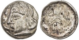 SAMARKAND: Anonymous, ca. 2nd-4th century, AR obol (0.51g), cf. Zeno-51442, Antiochus imitation: bust left // archer with quiver, holding large bow, s...