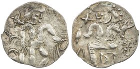 SOUTHERN SOGHD: Unknown ruler, ca. 1st-2nd century AD, AR obol (0.61g), Rtv-37, cf. Zeno-34949, Herakles standing, holding club & diadem // Zeus enthr...