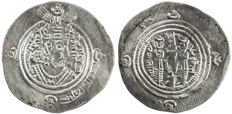 ARAB-SASANIAN: 'Abd Allah b. al-Zubayr, 680-692, AR drachm (4.07g), KLMAN (Kirma...