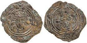ARAB-SASANIAN: Anonymous, ca. 700-720, AE pashiz (0.79g), NM, ND, A-N41, Gyselen-65, facing bust both sides, derived from the Anahita type of Khusro I...