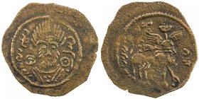 ARAB-SASANIAN: Anonymous, ca. 690-710, AE pashiz (0.75g), Bishapur, ND, A-42, Gyselen-7, single Byzantine-style facing bust // crowned human-headed bu...