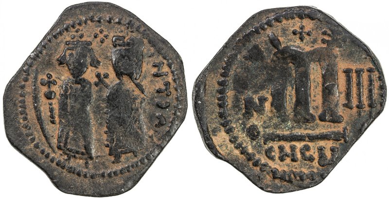 ARAB-BYZANTINE: Two Figure Phocas type, ca. 610s-640s, AE follis (9.04g), year "...