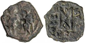 ARAB-BYZANTINE: Two Standing Figures, ca. 636-650, AE fals (5.17g), Neapolis (Nablus), ND, A-3505N, cross between the 2 standing figures // ANN both l...