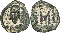 ARAB-BYZANTINE: Sicilian Imperial Bust, ca. 670s, AE fals (2.98g), "SCL", ND, A-3508, SICA 1:530 (same obverse die), beardless facing bust, derived fr...