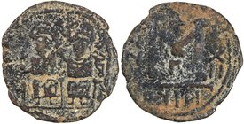 ARAB-BYZANTINE: Justin & Sophia type, ca. 675-700+, AE follis (8.51g), Jerash (Gerasa), ND, A-3509.2, INJ-13, type C8, seated Emperor, holding globus ...