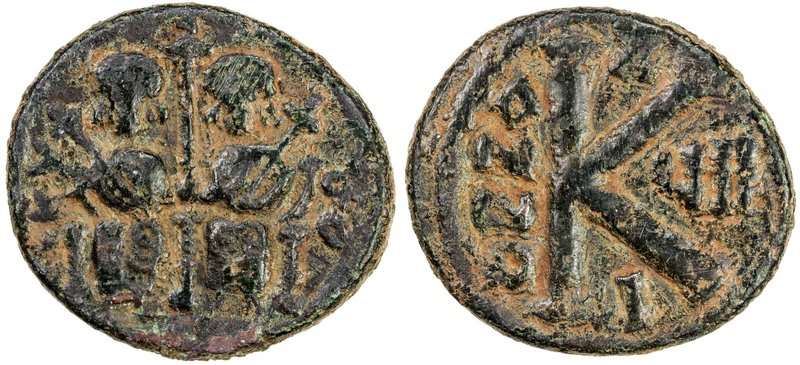 ARAB-BYZANTINE: Justin & Sophia type, ca. 675-700+, AE ½ follis (5.81g), Baysan,...