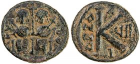ARAB-BYZANTINE: Justin & Sophia type, ca. 675-700+, AE ½ follis (5.81g), Baysan, ND, A-3510, INJ-13, type B1 (same dies), seated Emperor and Empress, ...