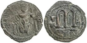 ARAB-BYZANTINE: Enthroned Emperor, ca. 660-680, AE fals (4.35g), NM, ND, A-3511A, Dye-R101B, "pseudo-Damascus" series, seated emperor, holding globus ...