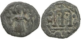 ARAB-BYZANTINE: "Orans figure", ca. 680s-690s, AE fals (3.82g), ND, A-3528, Goodwin type X, standing figure, with both arms raised, as on the silver d...