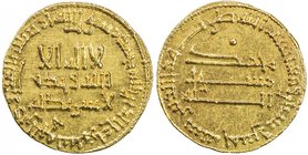 ABBASID: al-Mahdi, 775-785, AV dinar (4.26g), NM, AH165, A-214, bold strike, lustrous AU.

 Estimate: USD 280 - 350