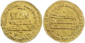 ABBASID: al-Mahdi, 775-785, AV dinar (4.26g), NM, AH165, A-214, bold strike, lustrous AU.

 Estimate: USD 280 - 350