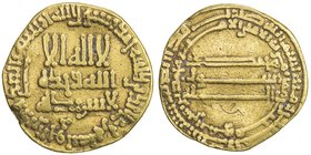 ABBASID: al-Rashid, 786-809, AV dinar (4.12g), NM (Madinat al-Salam), AH186, A-218.3, citing the heir-apparent al-Amin, pleasing F-VF.

 Estimate: U...