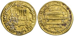 ABBASID: al-Amin, 809-813, AV dinar (4.18g), NM (Madinat al-Salam), AH195, A-220.5, with rabbi Allah above and the name al-'Abbas below the reverse fi...