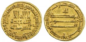 ABBASID: al-Ma'mun, 810-833, AV dinar (4.20g), NM (Iraq), AH204, A-222.14, Bernardi-109, totally anonymous, with the phrase lillah added at upper reve...