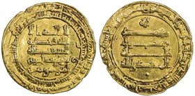 ABBASID: al-Muqtadir, 908-932, AV dinar (4.48g), Madinat al-Salam, AH317, A-245.2, pellet at bottom of reverse field, choice EF.

 Estimate: USD 240...