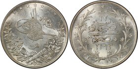 EGYPT: Abdul Hamid II, 1876-1909, AR 10 qirsh, Misr, AH1293 year 27, KM-295, PCGS graded MS64. The initial W below the quivers stands for designer Emi...