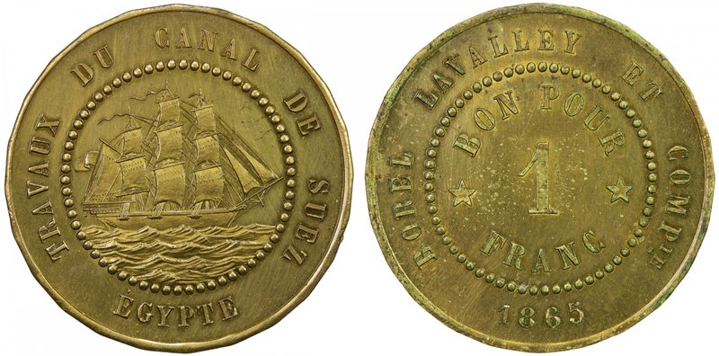 EGYPT: 1 franc token (7.71g), 1865, KM-Tn7, Lecompte 10, Borel Lavalley et Cie i...