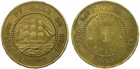 EGYPT: 1 franc token (7.71g), 1865, KM-Tn7, Lecompte 10, Borel Lavalley et Cie issue, sailing ship on obverse, lacquered and lightly cleaned, hairline...