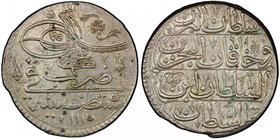TURKEY: Ahmad III, 1703-1730, AR yirmilik (20 para), Kostantiniye, AH1115, KM-153, struck with rotated dies, a very desirable example! PCGS graded MS6...