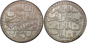 TURKEY: Mustafa III, 1757-1774, AR 2 zolota, Islambul, AH1171 year 8, KM-324, a superb example! PCGS graded MS64.

 Estimate: USD 100 - 150