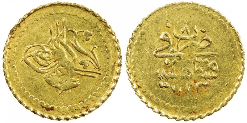TURKEY: Mahmud II, 1808-1839, AV ¼ zeri mahbub (0.78g), Kostantiniye, AH1223 yea...