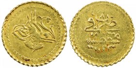 TURKEY: Mahmud II, 1808-1839, AV ¼ zeri mahbub (0.78g), Kostantiniye, AH1223 year 8, KM-608, Fr-88, slight central weakness of strike, EF-AU.

 Esti...